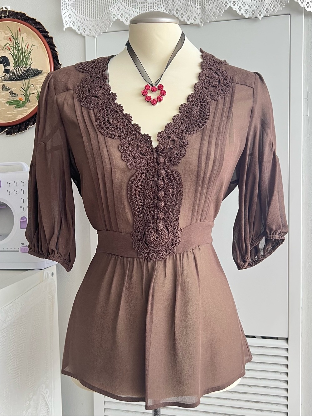 BCBG 100% silk brown lace tie back sheer blouse